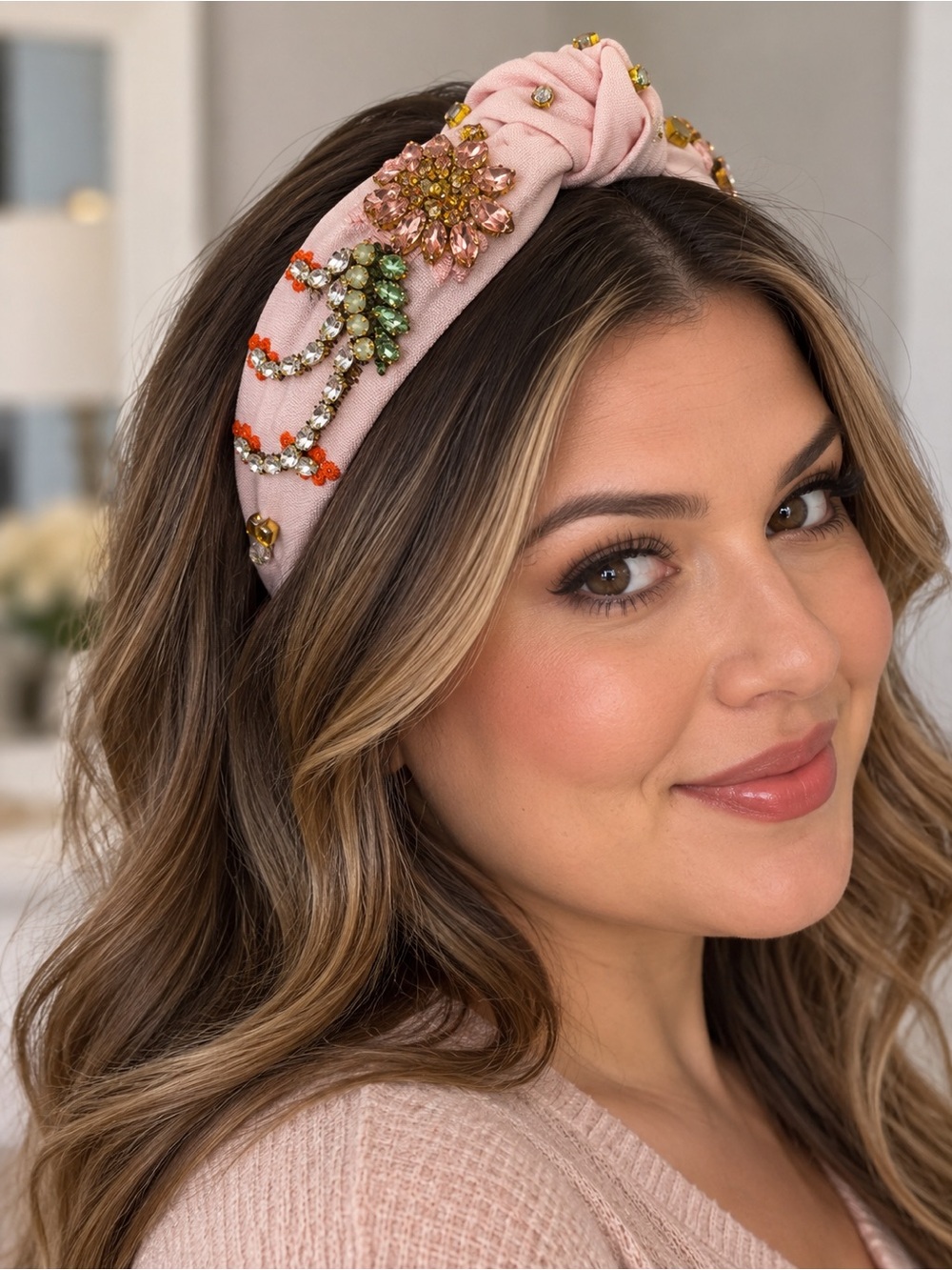 Adorned Pink Floral Crystal Embellished Padded Headband